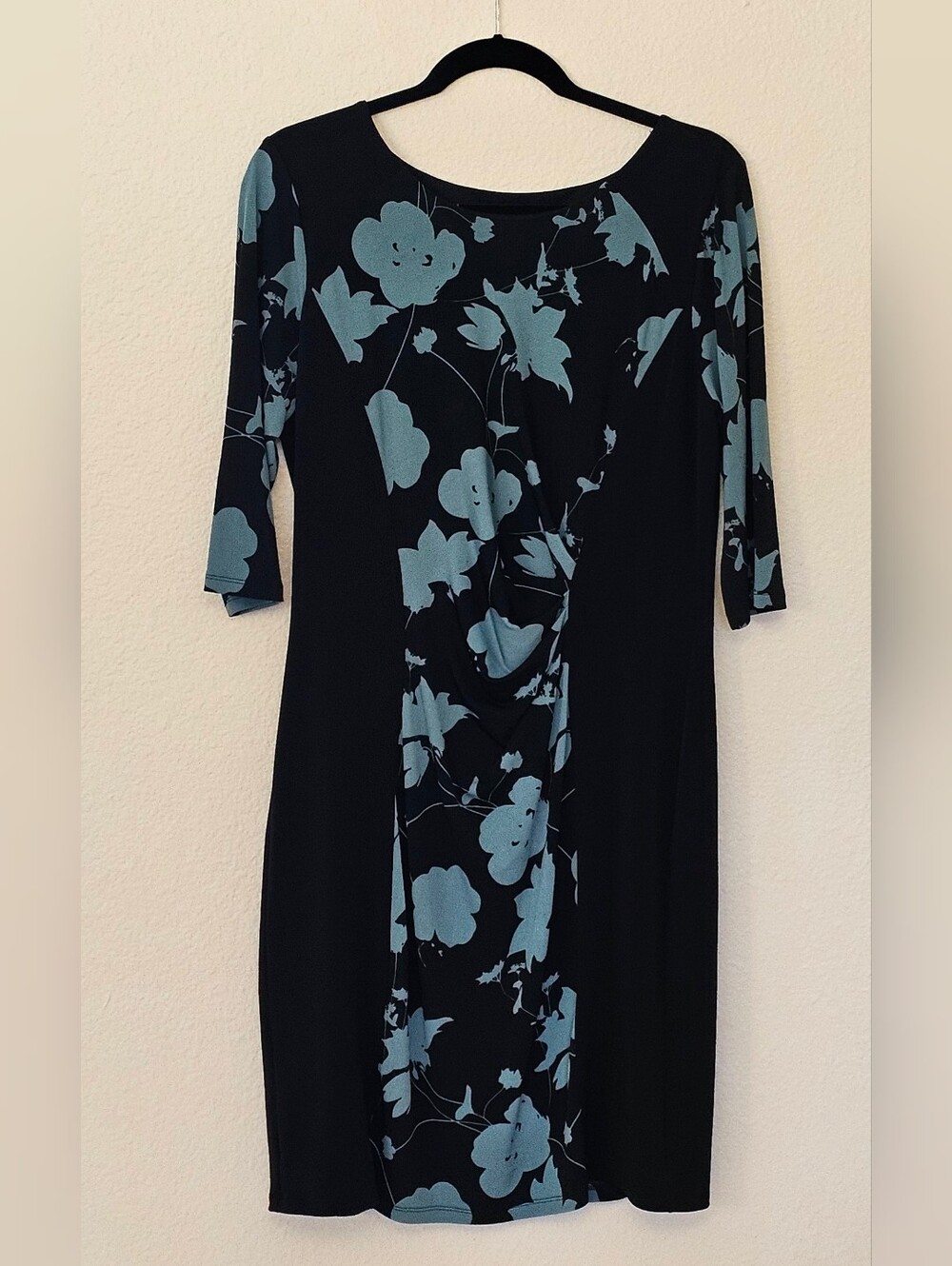 Pixley Black & Aqua Blue Floral Ruched 3/4 Sleeve Sheath Dress Size L